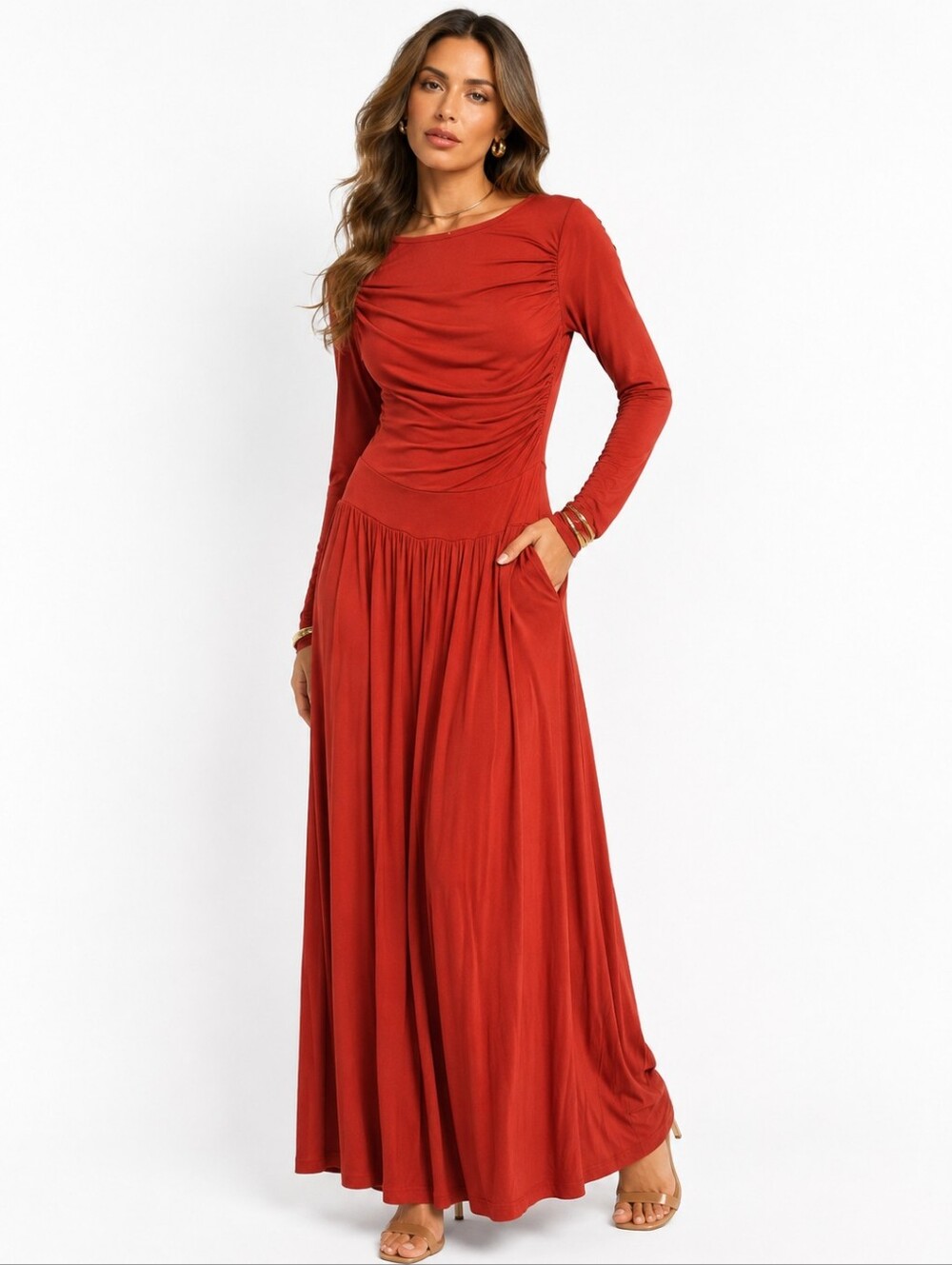 Halara Womens Long Maxi Ruched Dress Long Sleeve Pockets Stretch Chic Athleisure